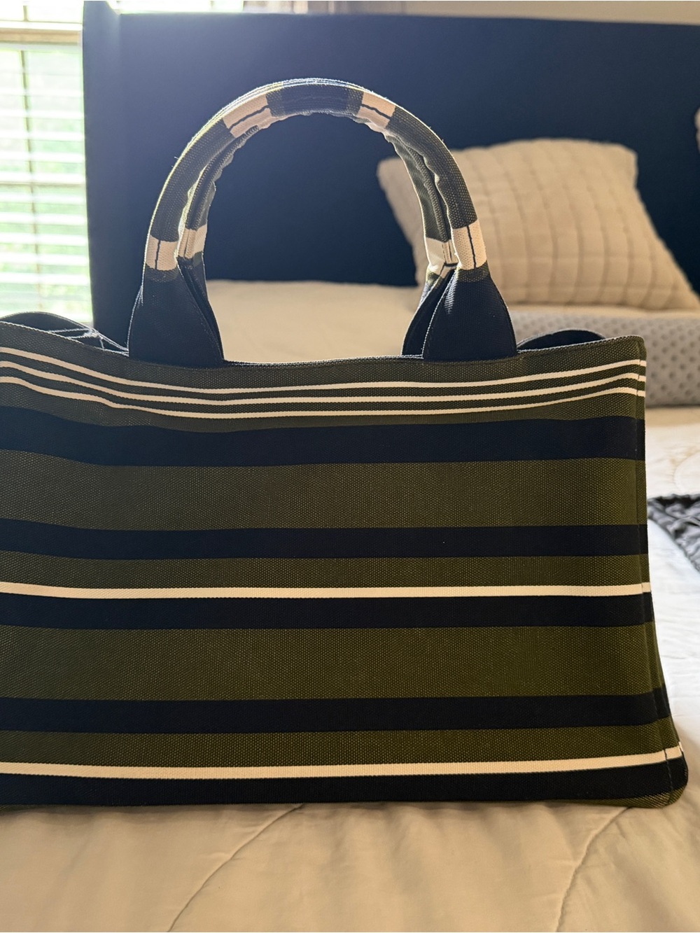 Prada Medium Green, Black & White Stripe Canapa Canvas Tote - Picture 3 of 8